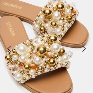 Steve Madden Tan Slide Sandals with Pearl & Gold Bead Embellishments